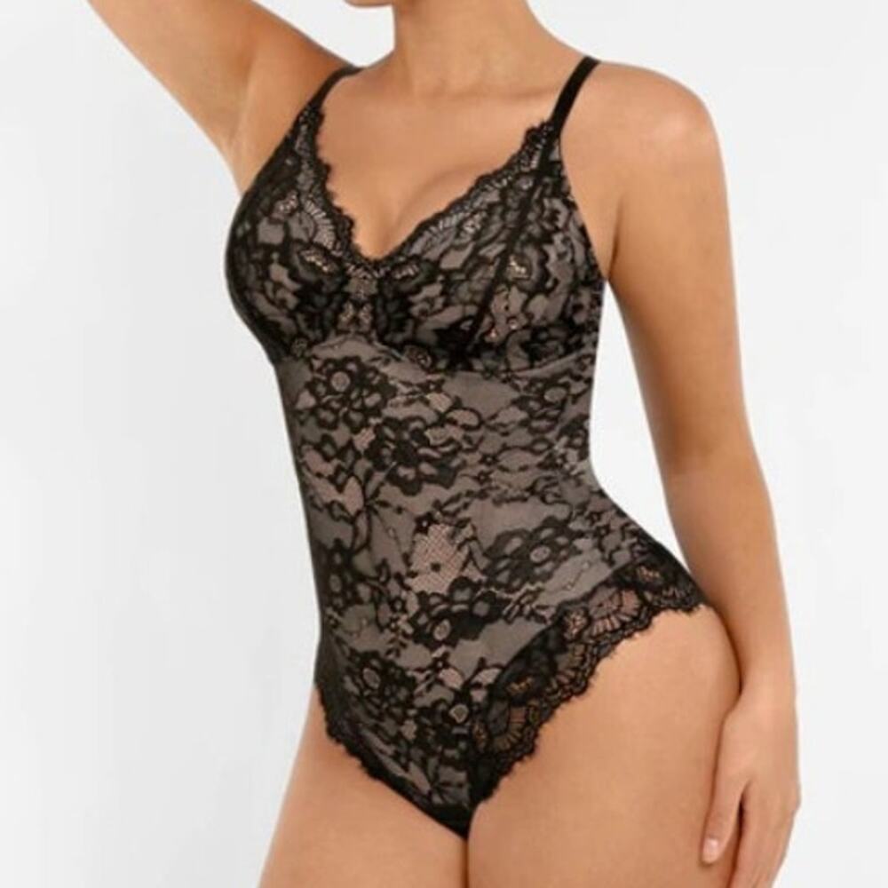 Feelingirl Lace V-Neck Bodysuit Womens Large Black Lightweight Breathable NWT